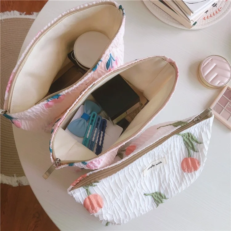 204 Large Canvas Makeup Cosmetic Bag Travel Organizer Flower Pattern Toiletry Container Travel Bag - Pink / Tulip