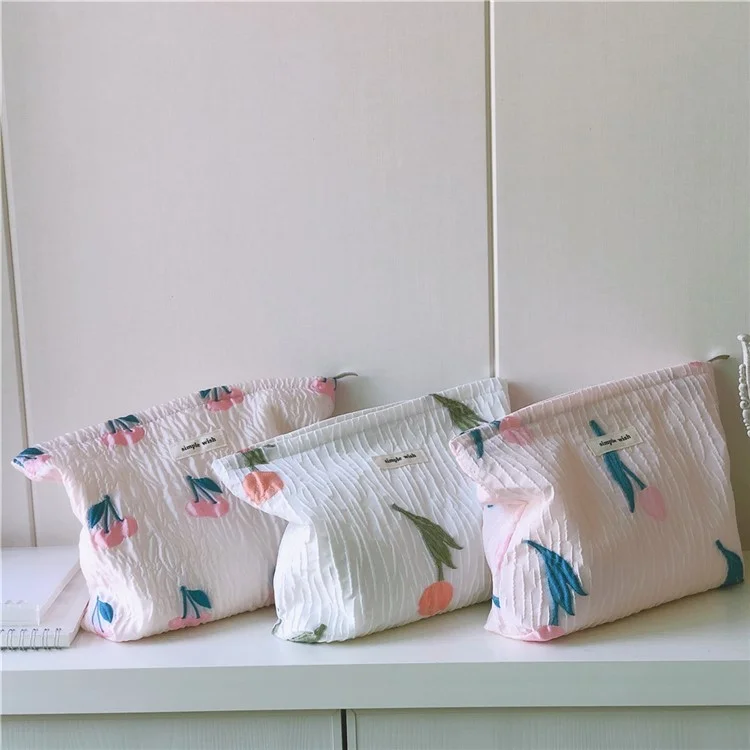 204 Large Canvas Makeup Cosmetic Bag Travel Organizer Flower Pattern Toiletry Container Travel Bag - Pink / Tulip