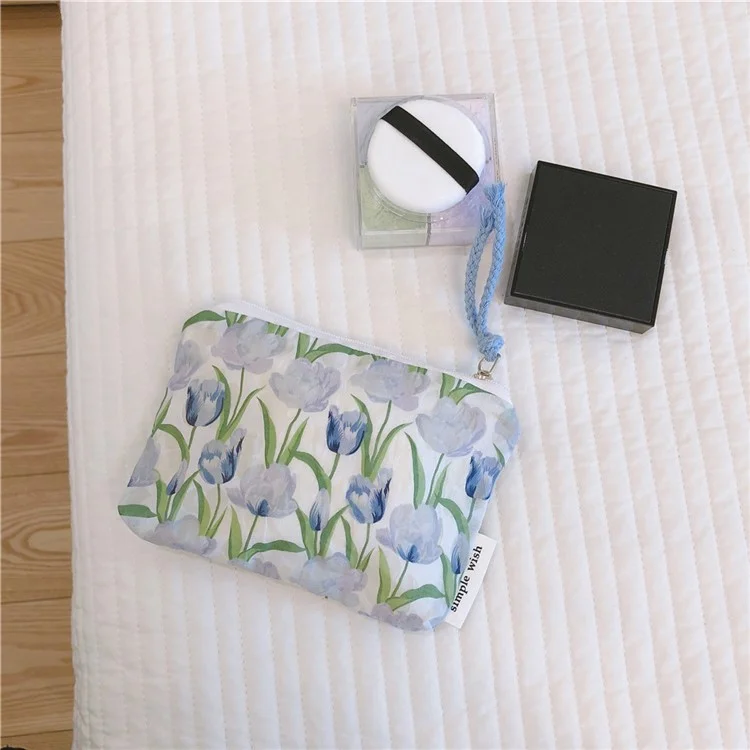 514 Flower Geometry Pattern Canvas Coin Purse Change Earphone Storage Bag Mini Wallet - Baby Blue Tulip