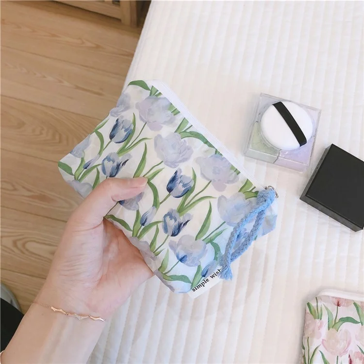 514 Flower Geometry Pattern Canvas Coin Purse Change Earphone Storage Bag Mini Wallet - Baby Blue Tulip