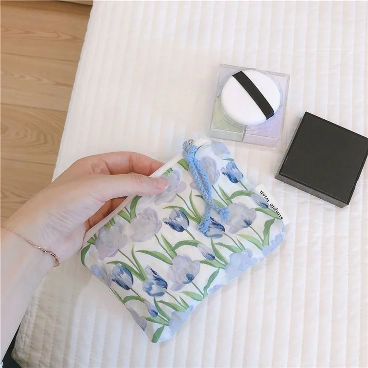 514 Flower Geometry Pattern Canvas Coin Purse Change Earphone Storage Bag Mini Wallet - Baby Blue Tulip