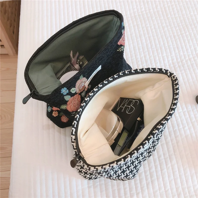 456 Flower Grid Pattern Vintage Canvas Cosmetic Bag Toiletry Container Storage Bag Pouch - Grid Pattern