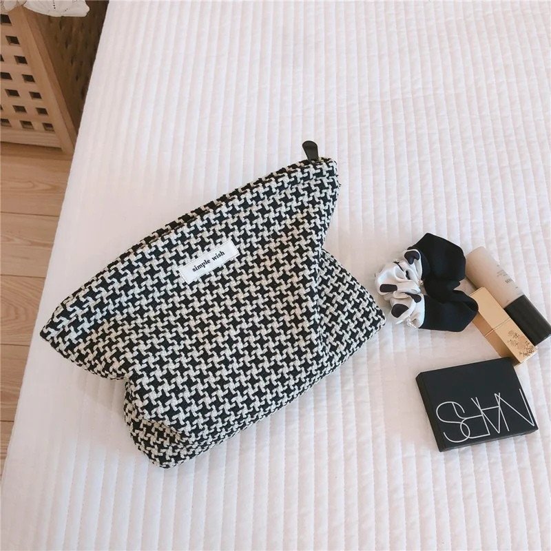 456 Flower Grid Pattern Vintage Canvas Cosmetic Bag Toiletry Container Storage Bag Pouch - Grid Pattern