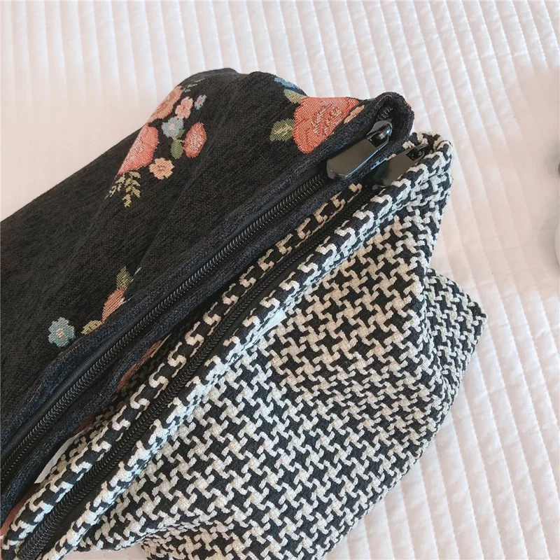 456 Flower Grid Pattern Vintage Canvas Cosmetic Bag Toiletry Container Storage Bag Pouch - Grid Pattern