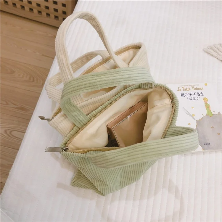 149 Wear-resistant Corduroy Toiletries Handbag Cosmetic Organizer Bag Solid Color Makeup Storage Pouch for Women and Teen Girls - Light Yellow