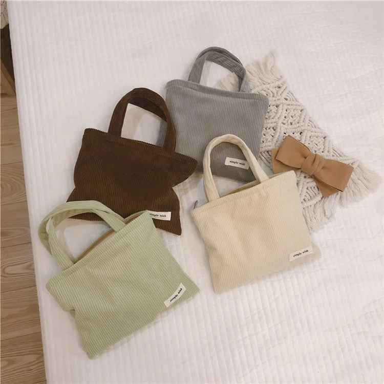 149 Wear-resistant Corduroy Toiletries Handbag Cosmetic Organizer Bag Solid Color Makeup Storage Pouch for Women and Teen Girls - Light Yellow