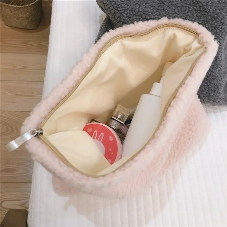 607 Organizador de Maquiagem Bolsa de Viagem Cosmética Vintage Tecido Macio Peludo Bolsa de Armazenamento de Artigos de Toilete para Mulheres Meninas - Rosa