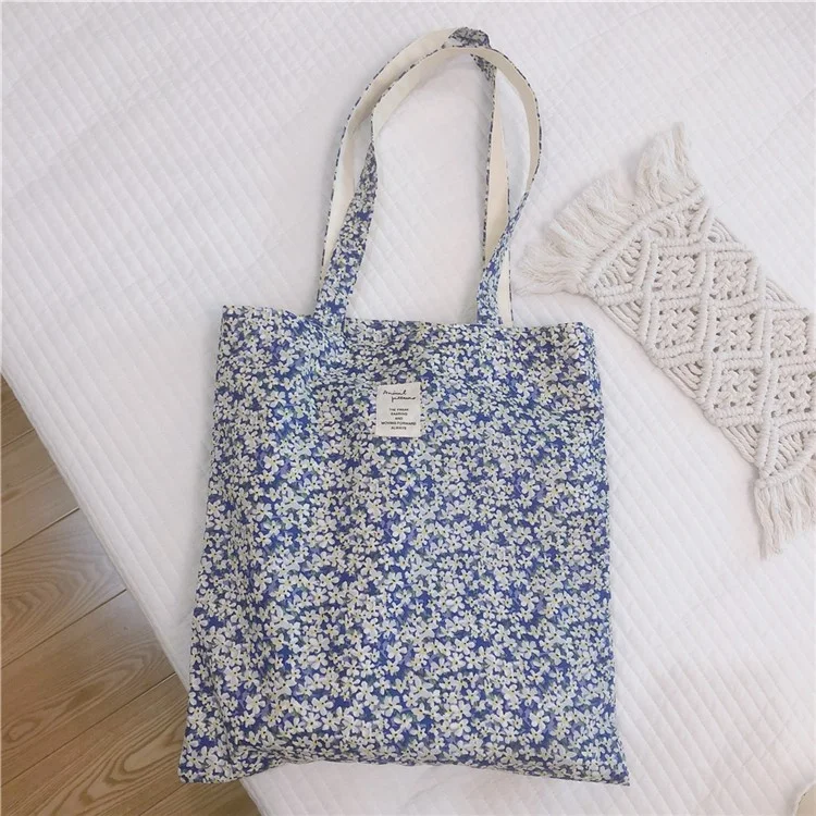 256 Cotton Tote Bag Floral Flower Pattern Wear-resistant Large Capacity Canvas Shoulder Bag for Gym, Work, School - Blue Flower