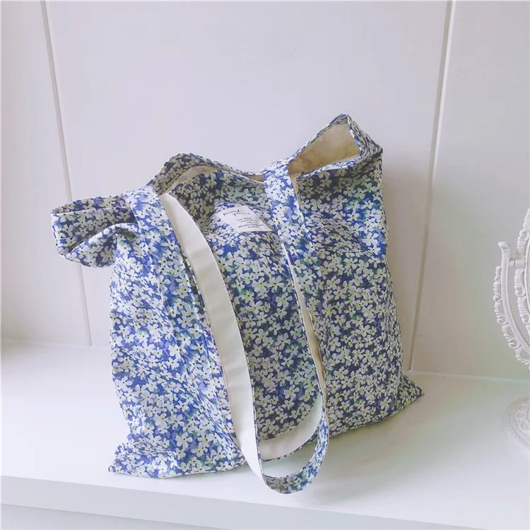 256 Cotton Tote Bag Floral Flower Pattern Wear-resistant Large Capacity Canvas Shoulder Bag for Gym, Work, School - Blue Flower