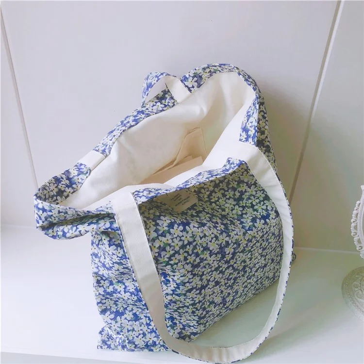 256 Cotton Tote Bag Floral Flower Pattern Wear-resistant Large Capacity Canvas Shoulder Bag for Gym, Work, School - Blue Flower