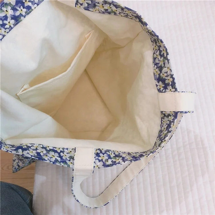 256 Cotton Tote Bag Floral Flower Pattern Wear-resistant Large Capacity Canvas Shoulder Bag for Gym, Work, School - Blue Flower