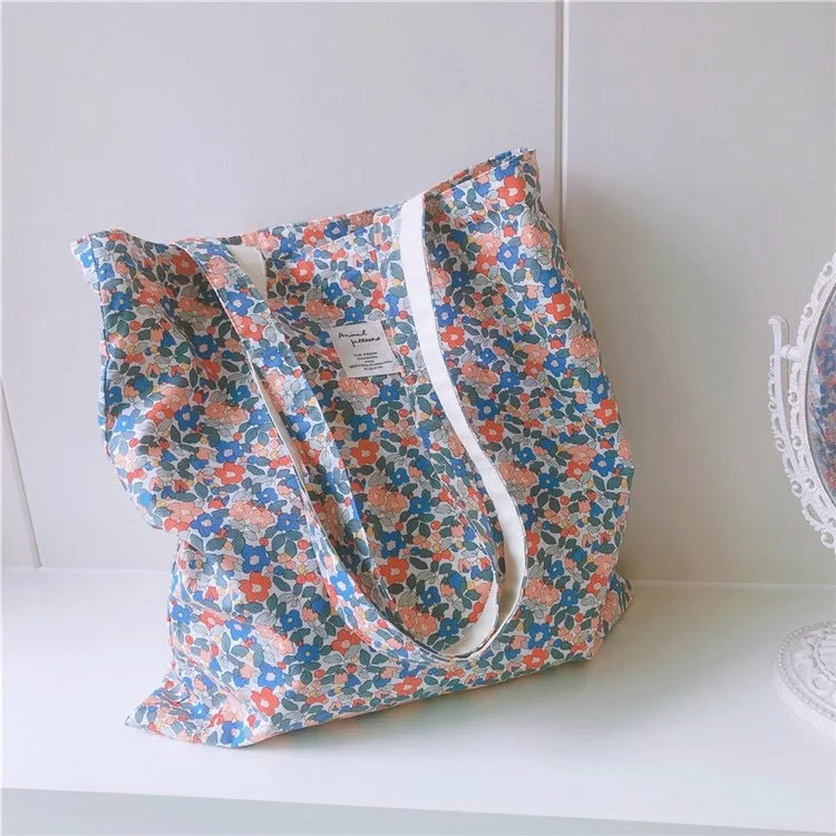 256 Cotton Tote Bag Floral Flower Pattern Wear-resistant Large Capacity Canvas Shoulder Bag for Gym, Work, School - Red / Blue Flower