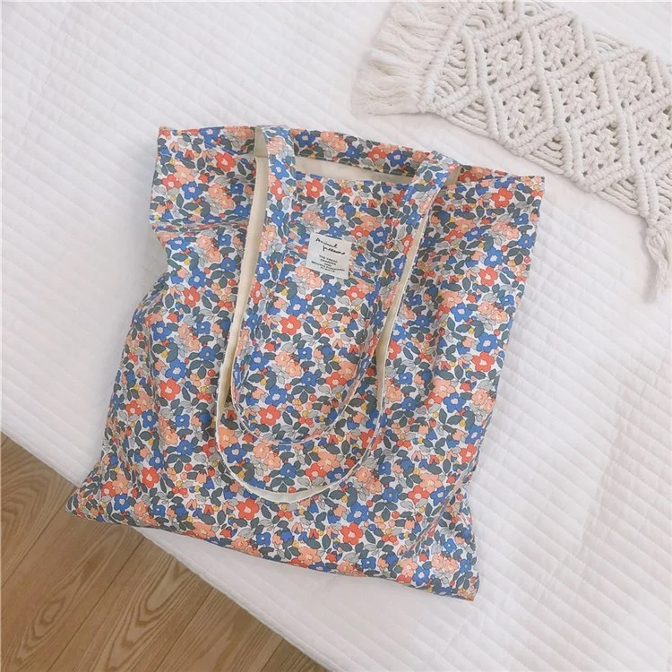 256 Cotton Tote Bag Floral Flower Pattern Wear-resistant Large Capacity Canvas Shoulder Bag for Gym, Work, School - Red / Blue Flower