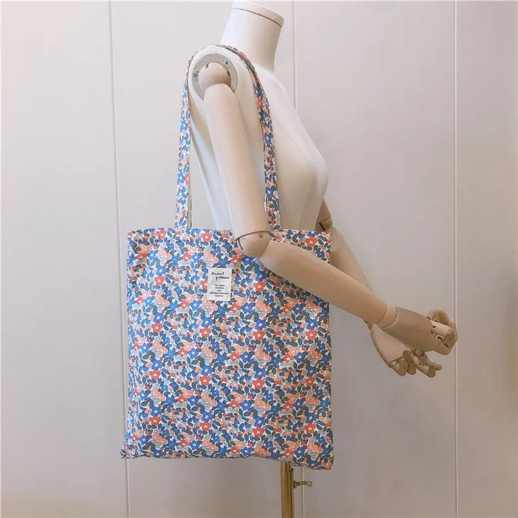 256 Cotton Tote Bag Floral Flower Pattern Wear-resistant Large Capacity Canvas Shoulder Bag for Gym, Work, School - Red / Blue Flower