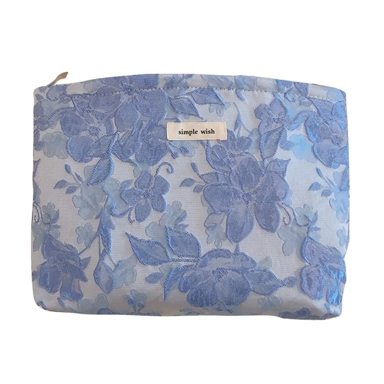 189 Lightweight Canvas Makeup Cosmetic Bag Embossing Big Flower Pattern Toiletry Travel Organizer Bag - Blue