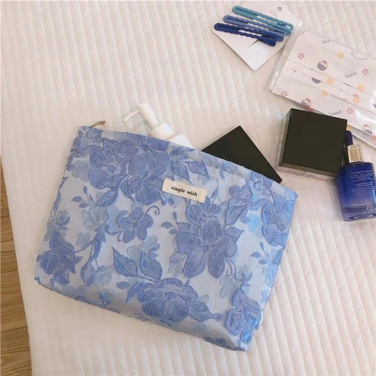 189 Lightweight Canvas Makeup Cosmetic Bag Embossing Big Flower Pattern Toiletry Travel Organizer Bag - Blue