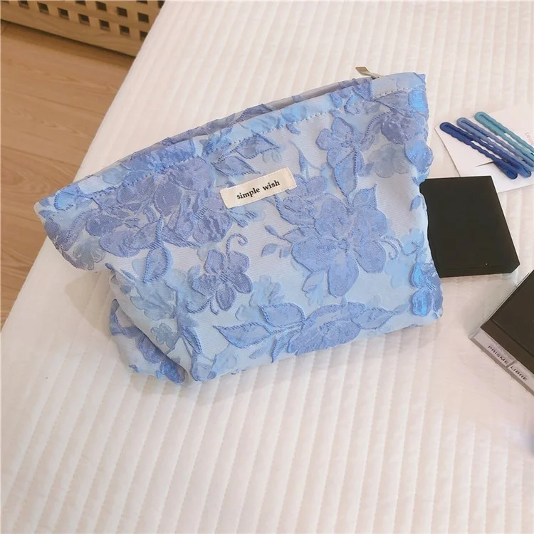 189 Lightweight Canvas Makeup Cosmetic Bag Embossing Big Flower Pattern Toiletry Travel Organizer Bag - Blue