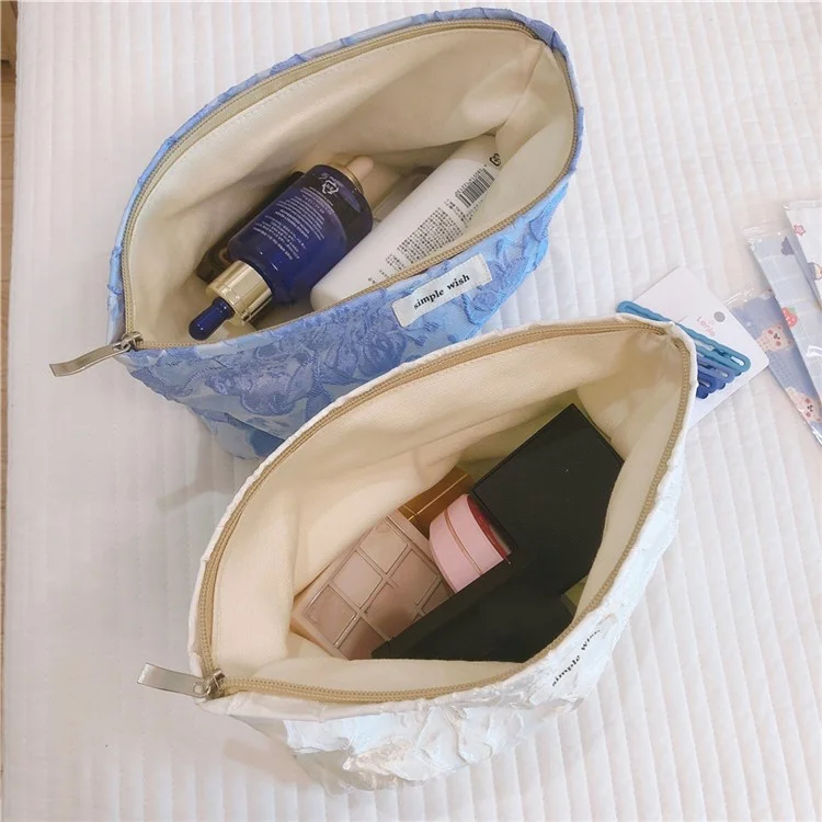 189 Lightweight Canvas Makeup Cosmetic Bag Embossing Big Flower Pattern Toiletry Travel Organizer Bag - Blue