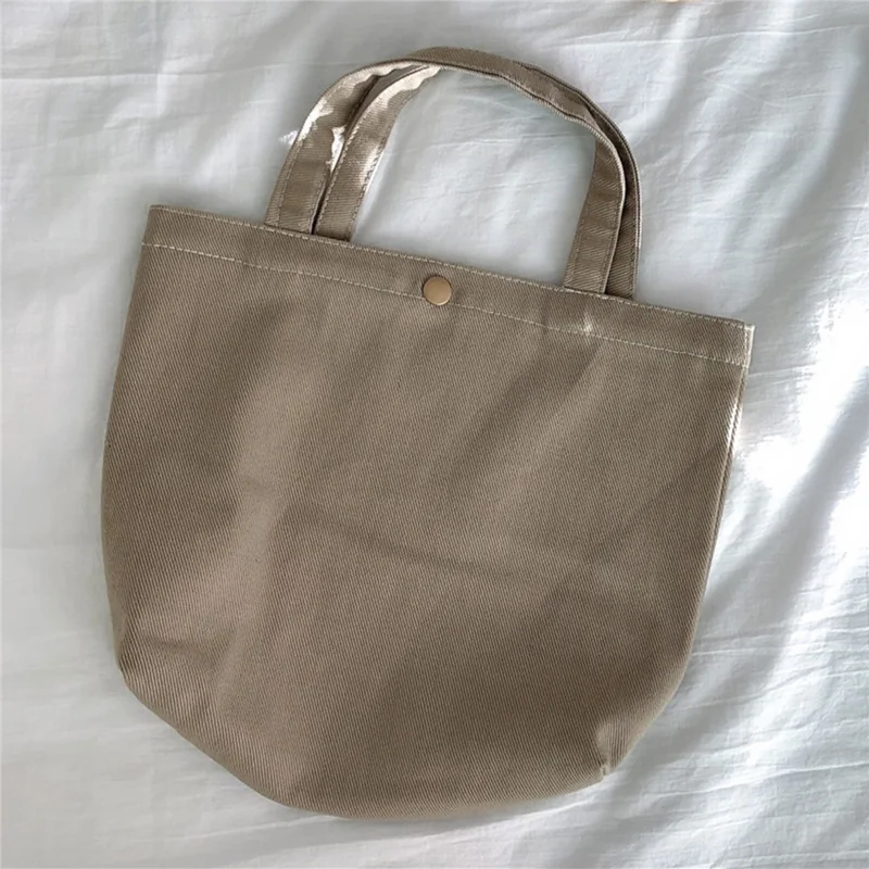 561 Solid Color Canvas Tote Bag Snap Button Small Handbag for Travel Shopping - Beige Grey