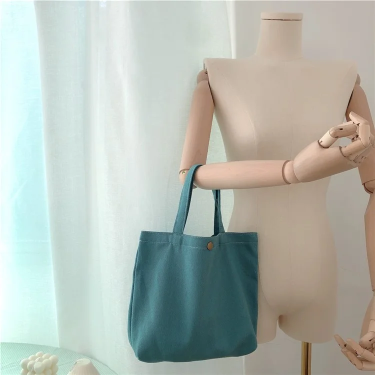 561 Solid Color Canvas Tote Bag Snap Button Small Handbag for Travel Shopping - Beige Grey