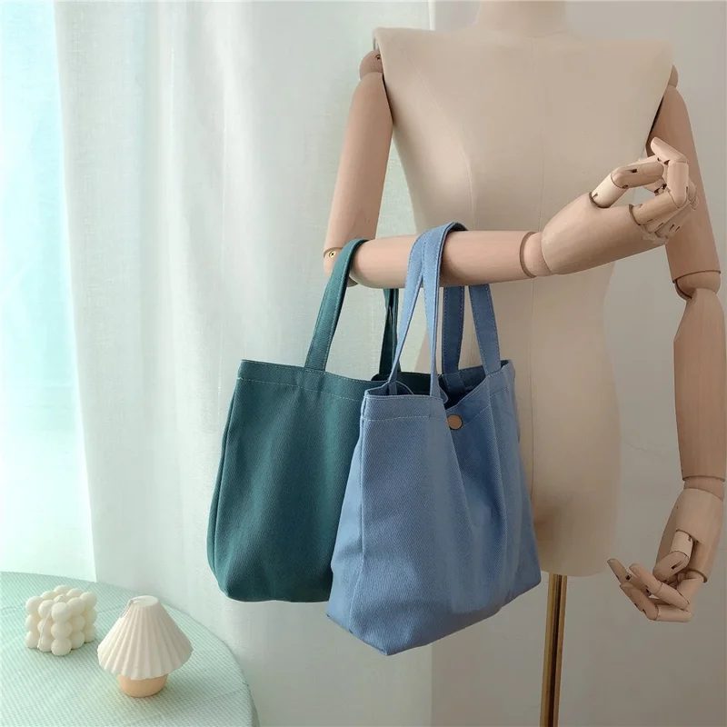 561 Solid Color Canvas Tote Bag Snap Button Small Handbag for Travel Shopping - Beige Grey