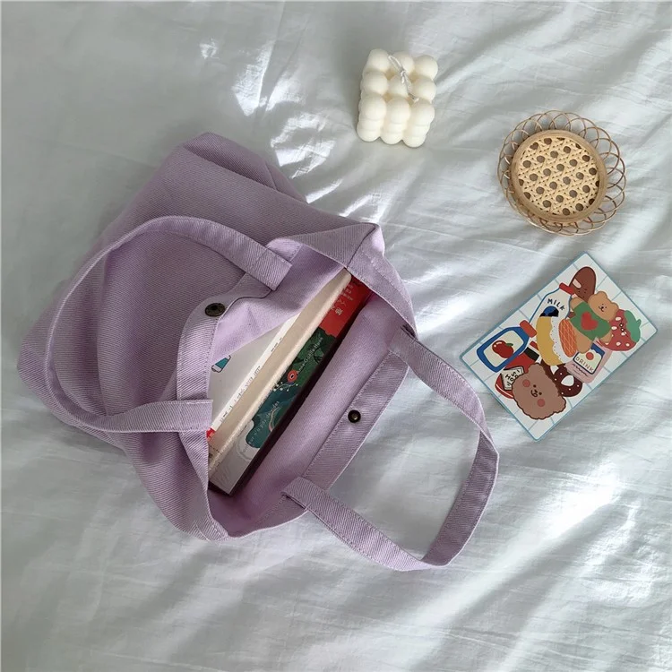561 Solid Color Canvas Tote Bag Snap Button Small Handbag for Travel Shopping - Beige Grey