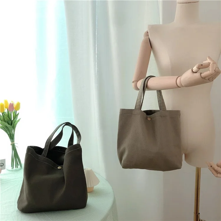 561 Solid Color Canvas Tote Bag Snap Button Small Handbag for Travel Shopping - Beige Grey