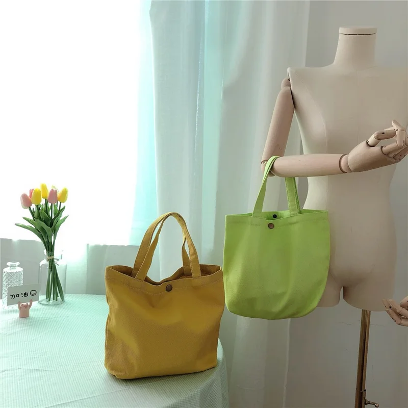 561 Solid Color Canvas Tote Bag Snap Button Small Handbag for Travel Shopping - Beige Grey