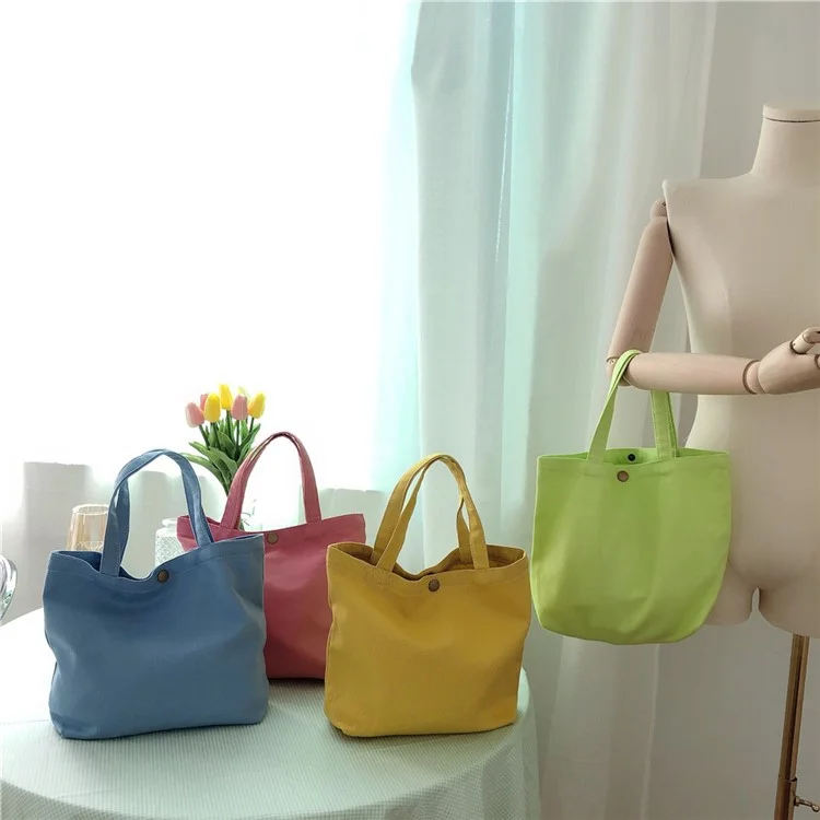 561 Solid Color Canvas Tote Bag Snap Button Small Handbag for Travel Shopping - Beige Grey