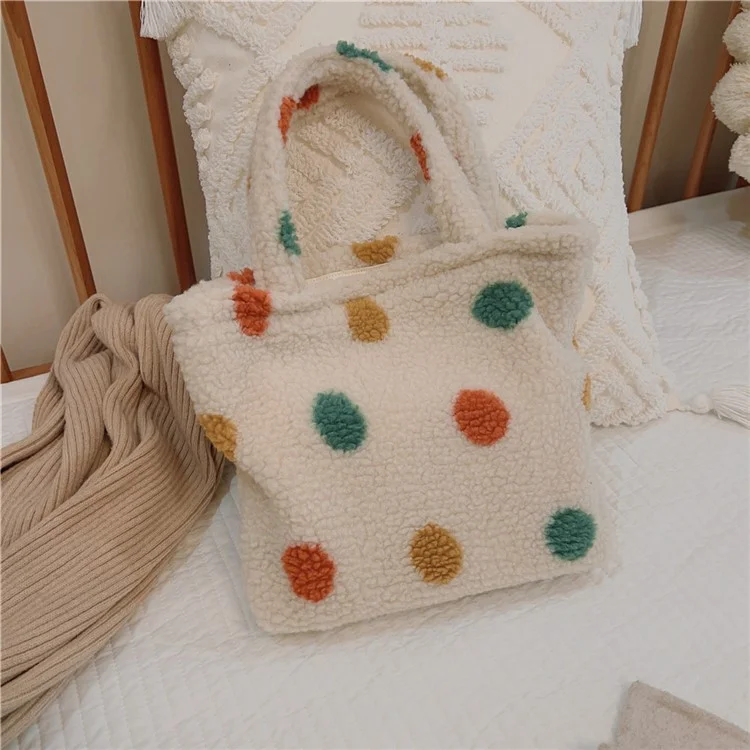 Винтажная полька-дот пушистая сумка 561 для женщин Furry Tote Bag для осени и зимы
