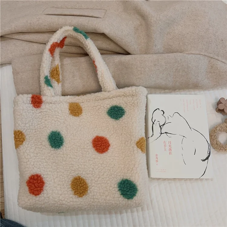 Винтажная полька-дот пушистая сумка 561 для женщин Furry Tote Bag для осени и зимы