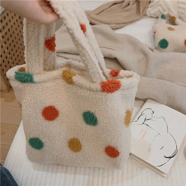 Винтажная полька-дот пушистая сумка 561 для женщин Furry Tote Bag для осени и зимы
