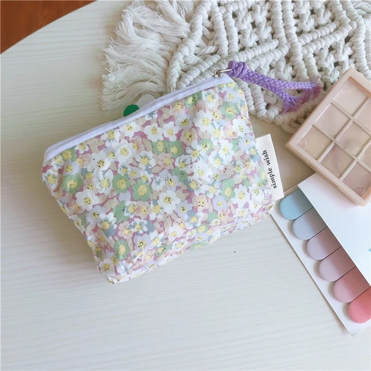 191 Sac de rangement pour pièces en toile, pochette à fermeture éclair, petit porte-monnaie, porte-cartes, porte-clés, mini-portefeuille - Fleur violette clair