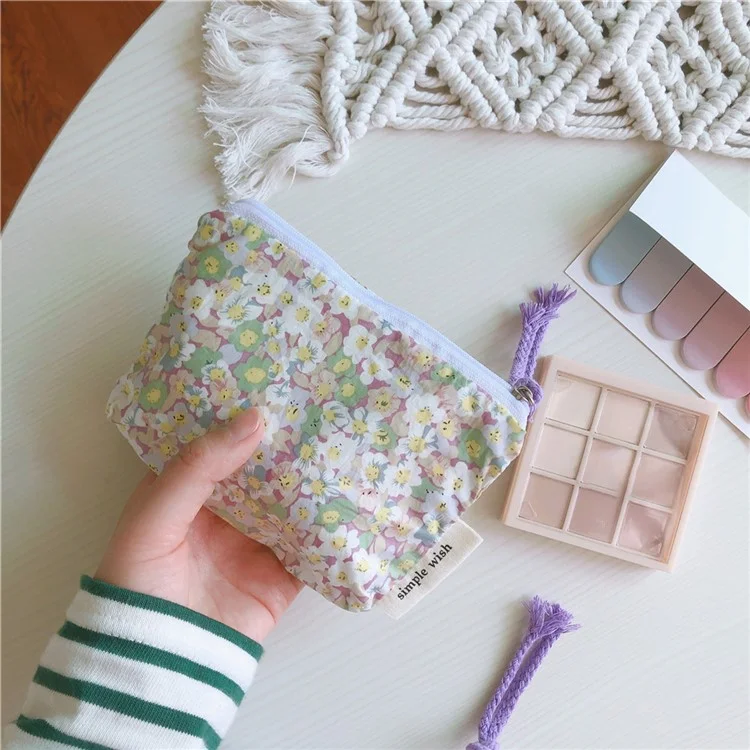 191 Sac de rangement pour pièces en toile, pochette à fermeture éclair, petit porte-monnaie, porte-cartes, porte-clés, mini-portefeuille - Fleur violette clair