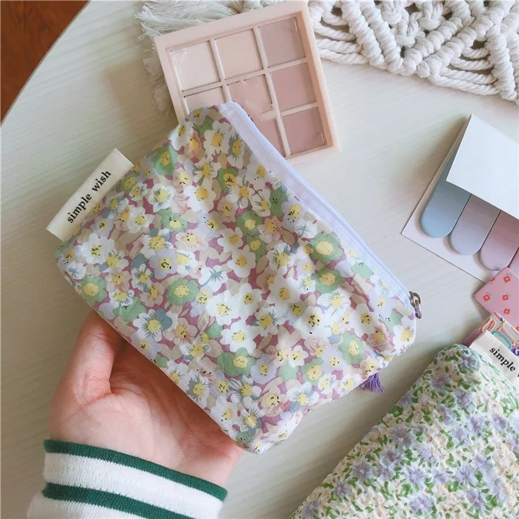191 Sac de rangement pour pièces en toile, pochette à fermeture éclair, petit porte-monnaie, porte-cartes, porte-clés, mini-portefeuille - Fleur violette clair
