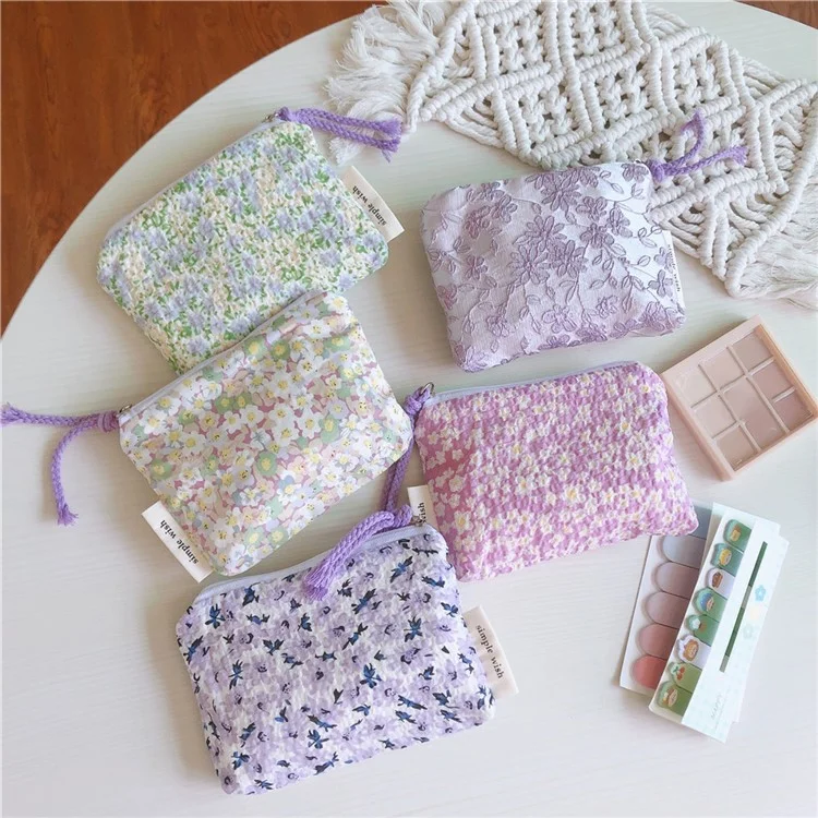 191 Sac de rangement pour pièces en toile, pochette à fermeture éclair, petit porte-monnaie, porte-cartes, porte-clés, mini-portefeuille - Fleur violette clair