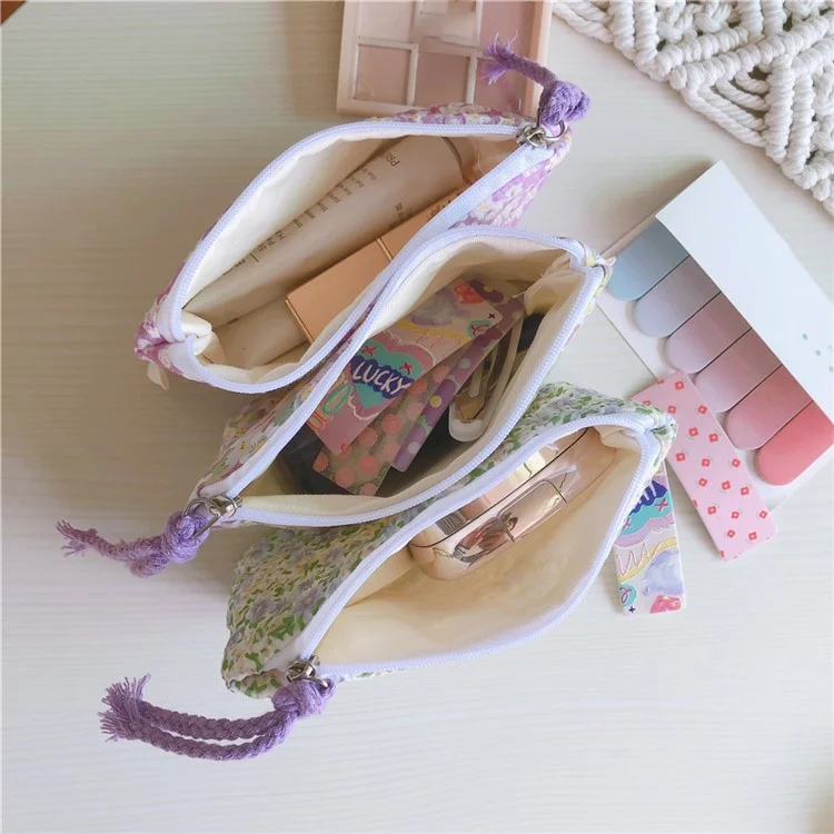 191 Sac de rangement pour pièces en toile, pochette à fermeture éclair, petit porte-monnaie, porte-cartes, porte-clés, mini-portefeuille - Fleur violette clair