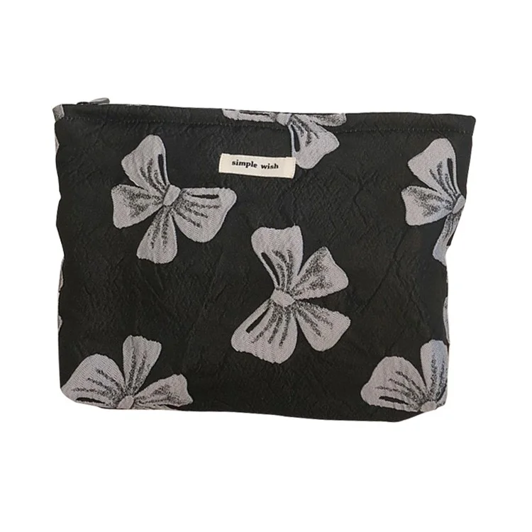 139 Bowknot Jacquard Makeup Bag Travel Toiletry Organizer Women Canvas Cosmetic Pouch - Black / Grey Bowknot