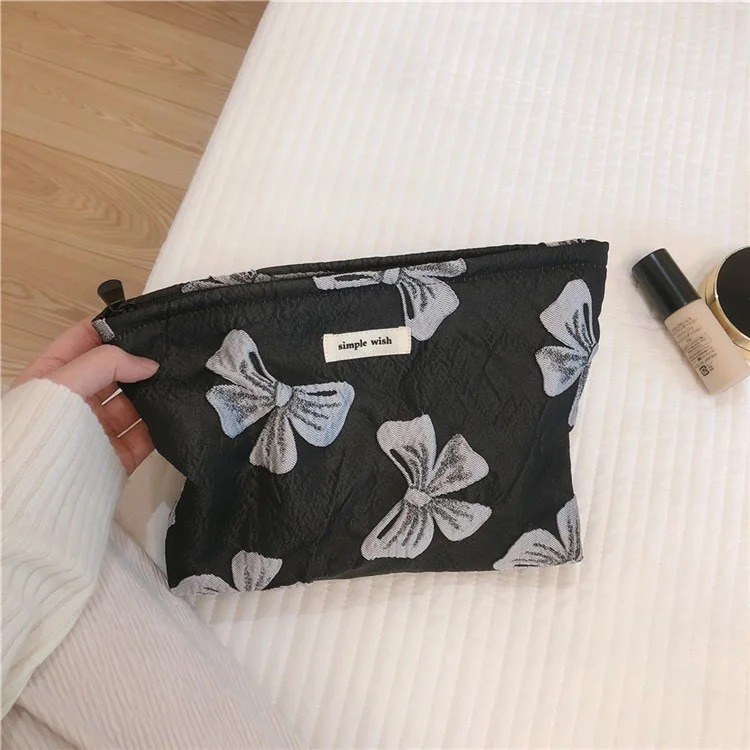 139 Bowknot Jacquard Makeup Bag Travel Toiletry Organizer Women Canvas Cosmetic Pouch - Black / Grey Bowknot