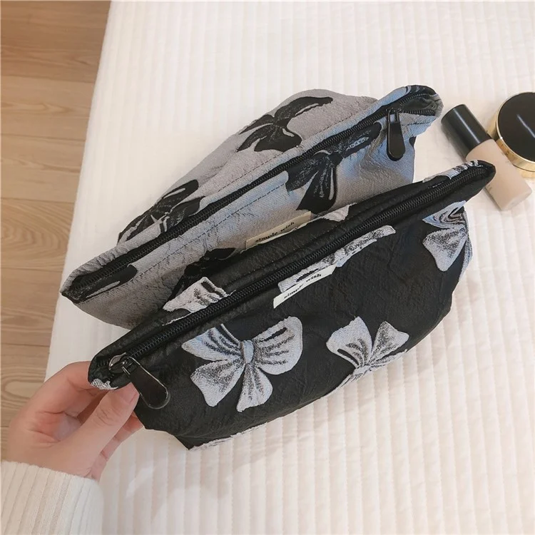 139 Bowknot Jacquard Makeup Bag Travel Toiletry Organizer Women Canvas Cosmetic Pouch - Black / Grey Bowknot