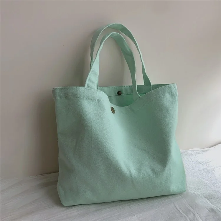 534 Solid Color Women Canvas Handbag Snap Button Simple Casual Tote Bag - Baby Blue