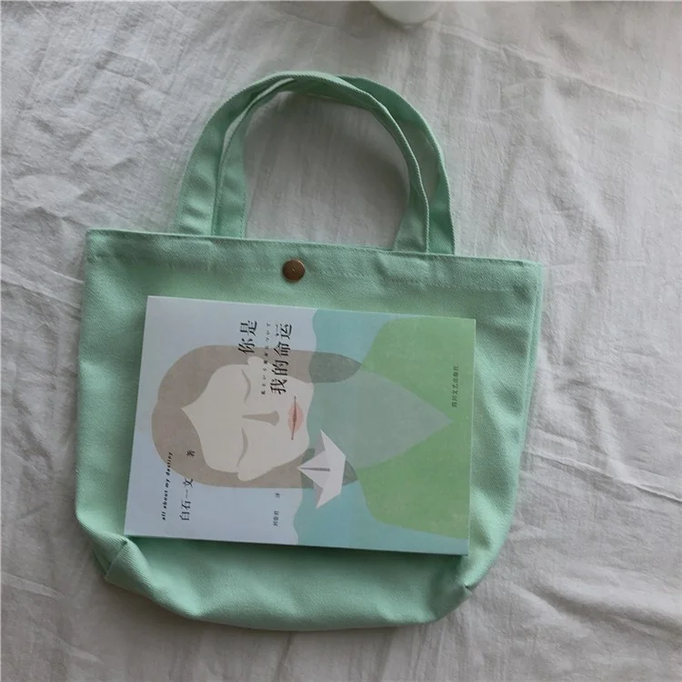 534 Solid Color Women Canvas Handbag Snap Button Simple Casual Tote Bag - Baby Blue
