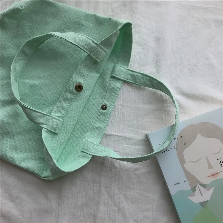534 Solid Color Women Canvas Handbag Snap Button Simple Casual Tote Bag - Baby Blue