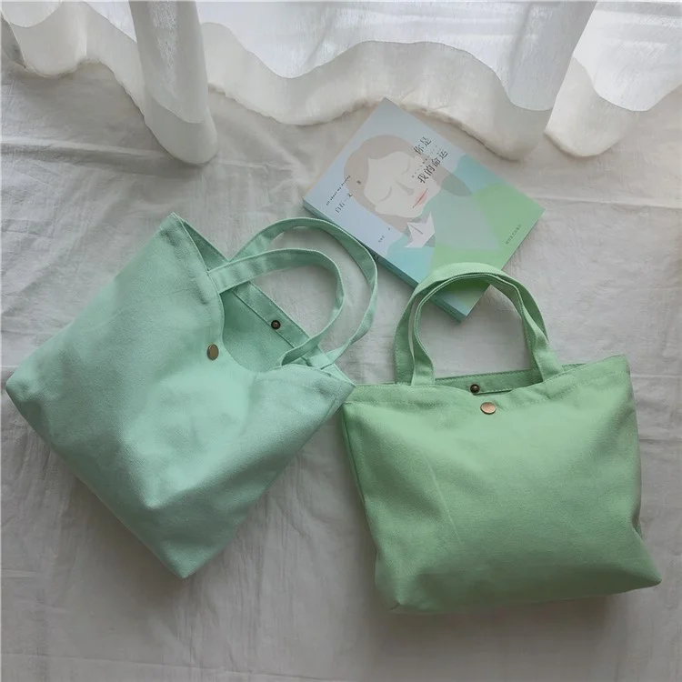 534 Solid Color Women Canvas Handbag Snap Button Simple Casual Tote Bag - Baby Blue