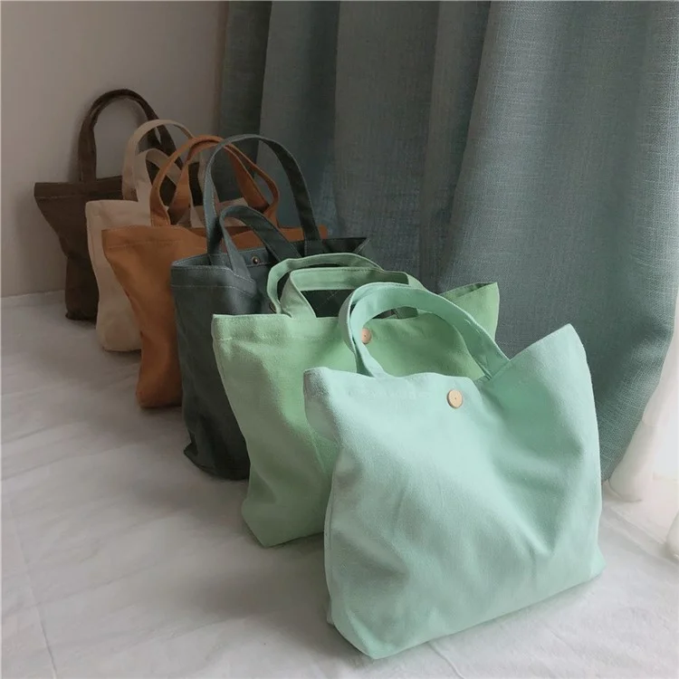 534 Solid Color Women Canvas Handbag Snap Button Simple Casual Tote Bag - Baby Blue
