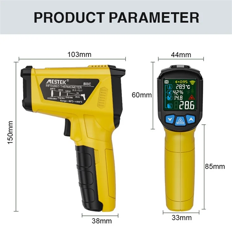 MESTEK 800C Tragbares Infrarot-Temperaturmessgerät Hochpräziser Industrie-Temperatur-Feuchtigkeitsmesser Tragbares Thermometer mit 12-Punkt-Laserpositionierung