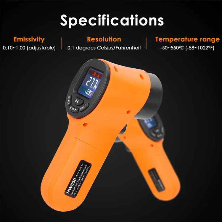 HW550 Digital LCD Infrared Thermometer Non-Contact Laser Industrial Pyrometer Temperature Gun - Orange