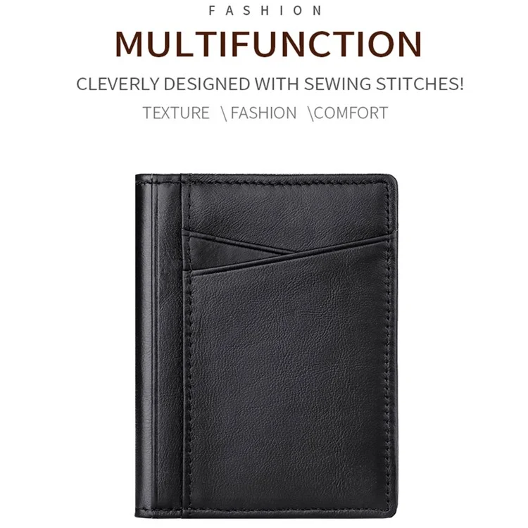 037S Slim Bifold Card Holder Cowhide Leather Passcase RFID Blocking Front Pocket Card Case - Black