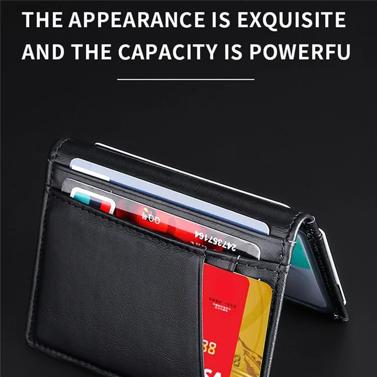 037S Slim Bifold Card Holder Cowhide Leather Passcase RFID Blocking Front Pocket Card Case - Black