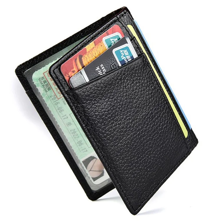 V6-J Slim Card Minimalist Case Passase de Cuero Vacada Bloqueo Rfid Bifold Bifold Tarjeta de Diseño - Negro